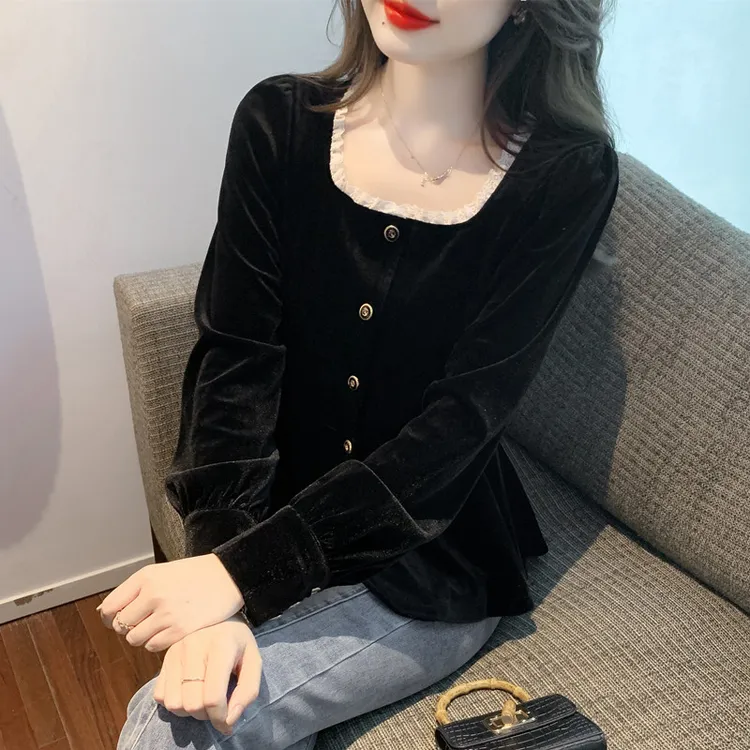 法式金丝绒衬衫女秋冬收腰显瘦气质方领高级感上衣黑色打底设计感