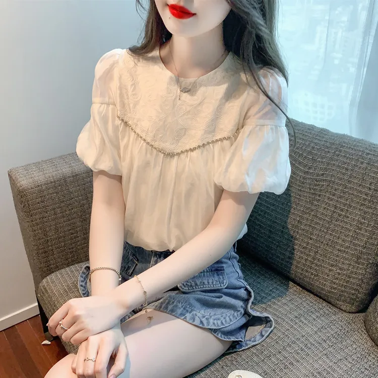 刺绣泡泡袖衬衫女夏季新款设计感百搭减龄上衣显瘦气质短袖衬衣