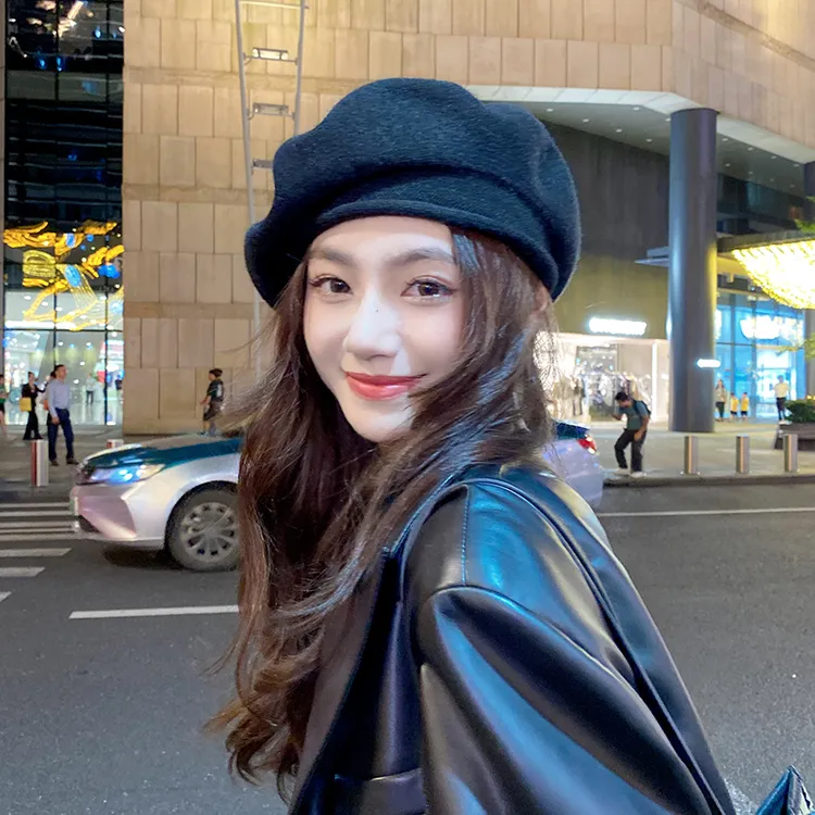 黑色显脸小贝雷帽女秋冬百搭针织画家帽大头围复古蓓蕾帽子春秋