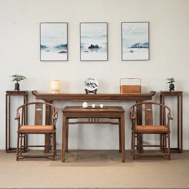 新中式中堂六件套实木黑胡桃木条案供桌八仙桌仿明式农村堂屋家具