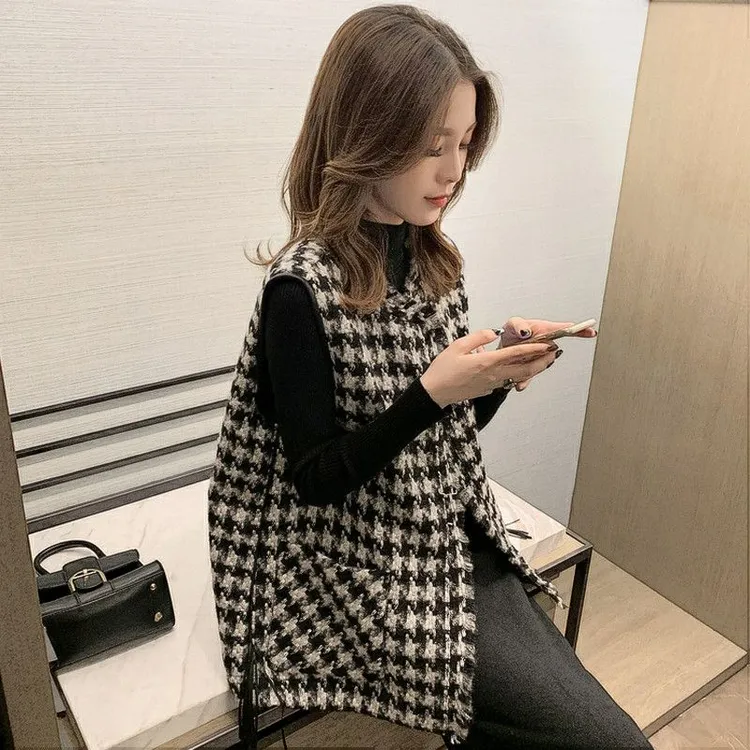 小香风千鸟格复古马甲外套女春秋新款百搭宽松时尚格子马夹背心