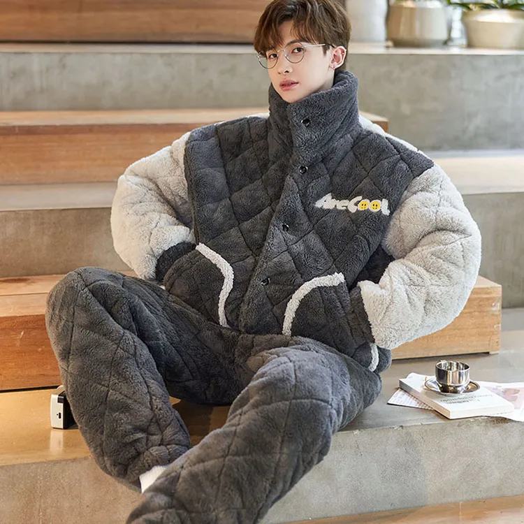 睡衣男士冬天三层加厚超厚夹棉加绒珊瑚绒法兰绒家居服秋冬款冬季