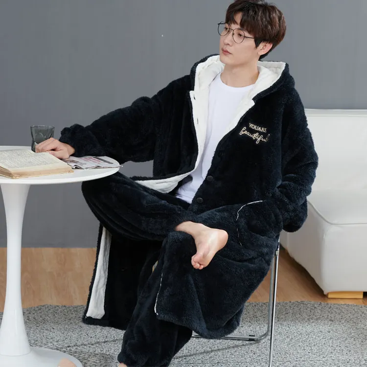 睡衣男士秋冬季加厚珊瑚绒保暖长款睡袍加绒加大码法兰绒浴袍套装