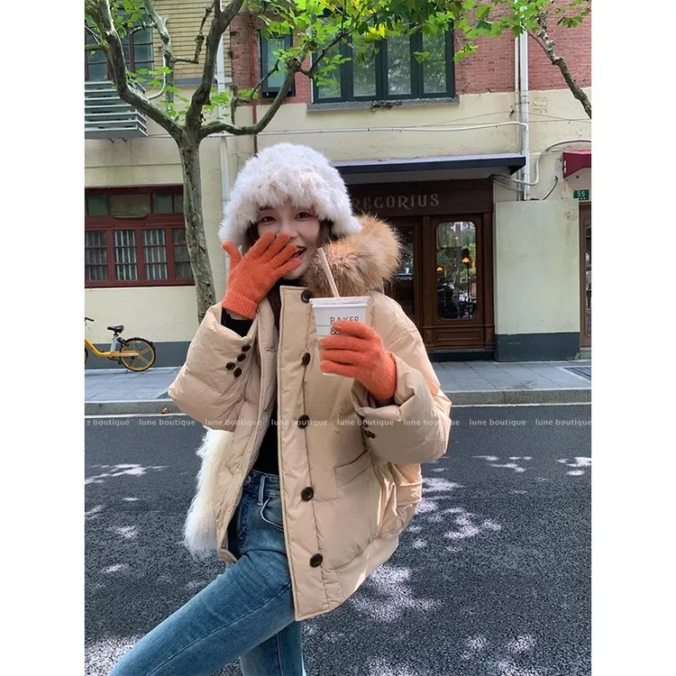 大毛领短款羽绒服女2024冬季新款貉子毛小个子宽松90白鸭绒外套冬