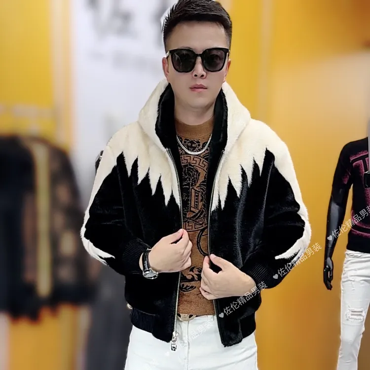 冬季新款时尚男士轻奢修身黑白相间连帽外套2601