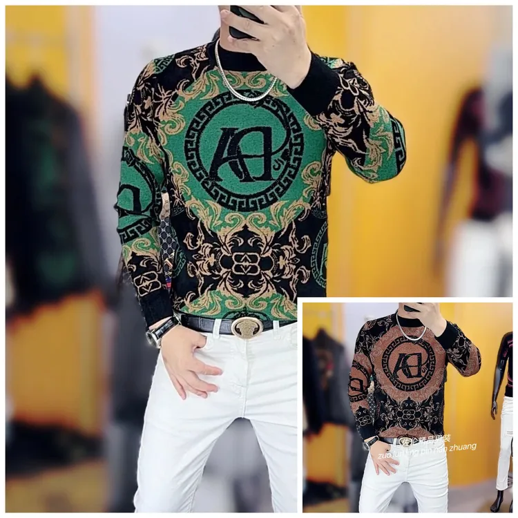 欧洲站冬季新款时尚个性提花男士修身毛衣8116