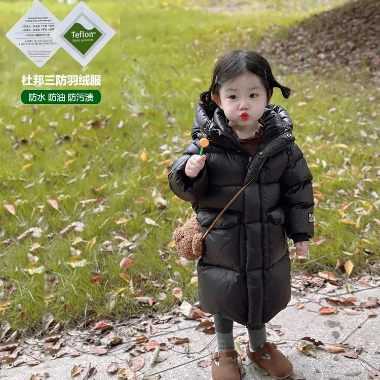 儿童白鸭绒羽绒服2025男童女童小童中长款宝宝冬季加厚连帽外套潮