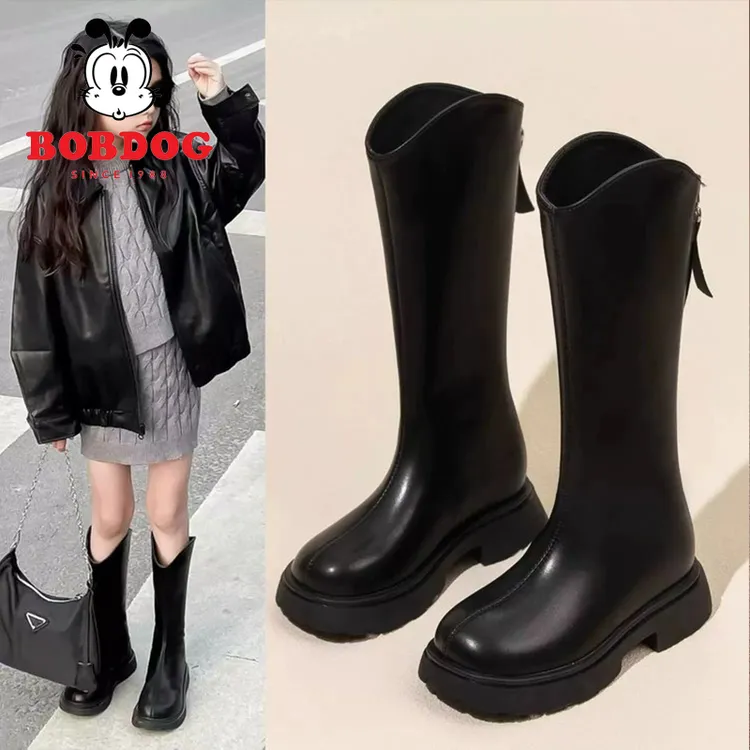 巴布豆女童鞋子儿童长靴2025新款秋冬款冬季长筒高筒加绒皮靴女孩