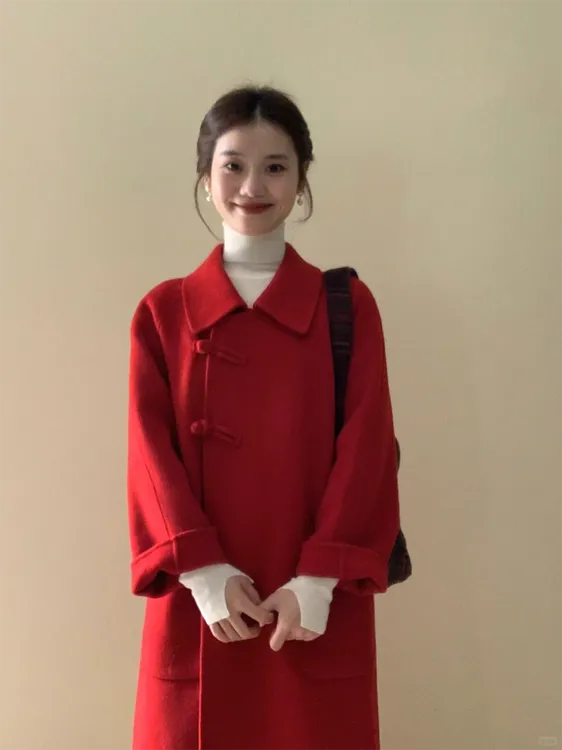 红色大衣女秋冬季高级感2023新款爆款赫本风小个子中长款毛呢外套