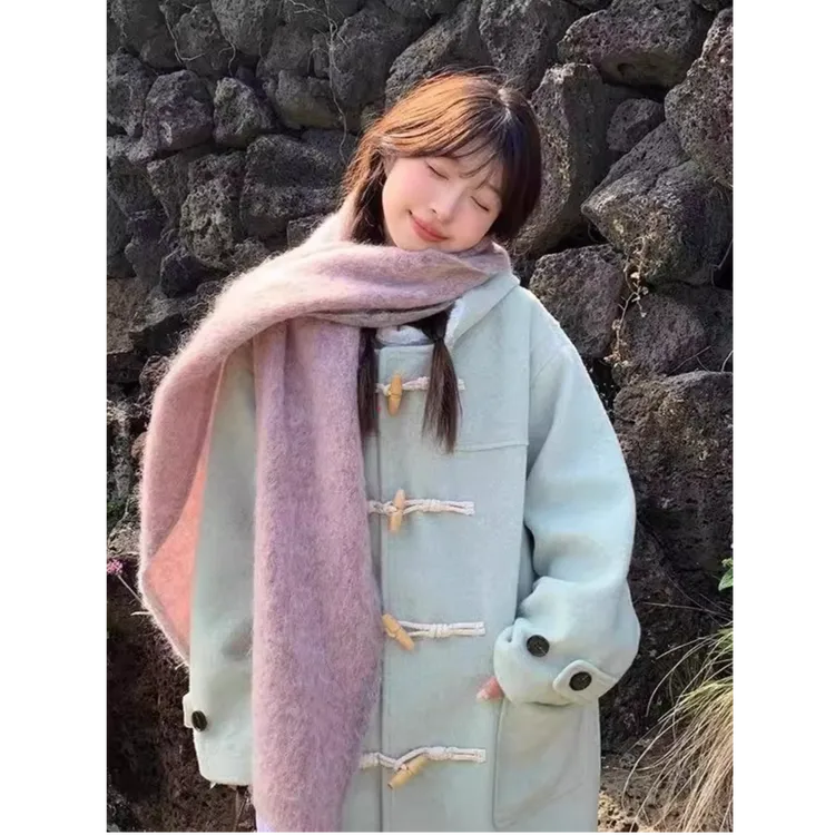 韩系薄荷绿连帽牛角扣毛呢外套女秋冬季小个子中长款加厚呢子大衣