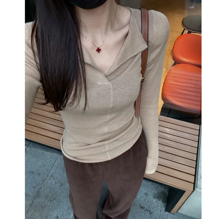 2025秋季新款V领修身显瘦软糯纸片人针织打底衫女气质A6-18