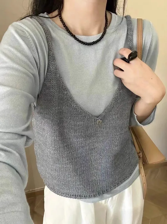 现货】韩系百搭长袖针织背心时尚显瘦两件套2025春新款上衣女8101