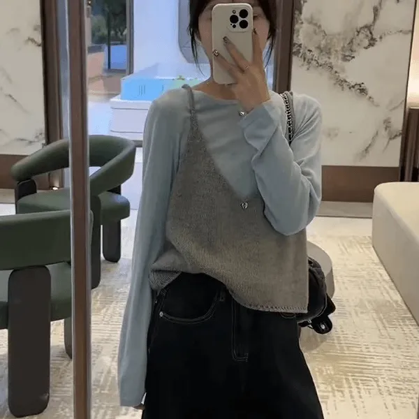 现货】2025初秋新款圆领纯色打底背心马甲叠穿两件套针织背心8101