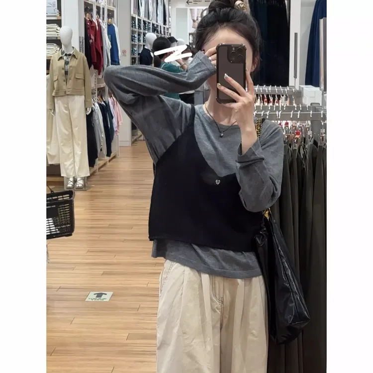 现货】2025初秋新款圆领纯色打底背心马甲叠穿两件套针织背心8101