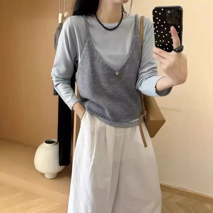 现货】圆领打底背心马甲叠穿两件套2025春季女装针织背心8101