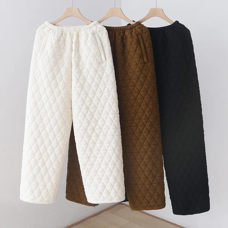 秋冬新款刀切棉休闲长裤 夹棉加厚松紧腰菱形格直筒裤子 107TK