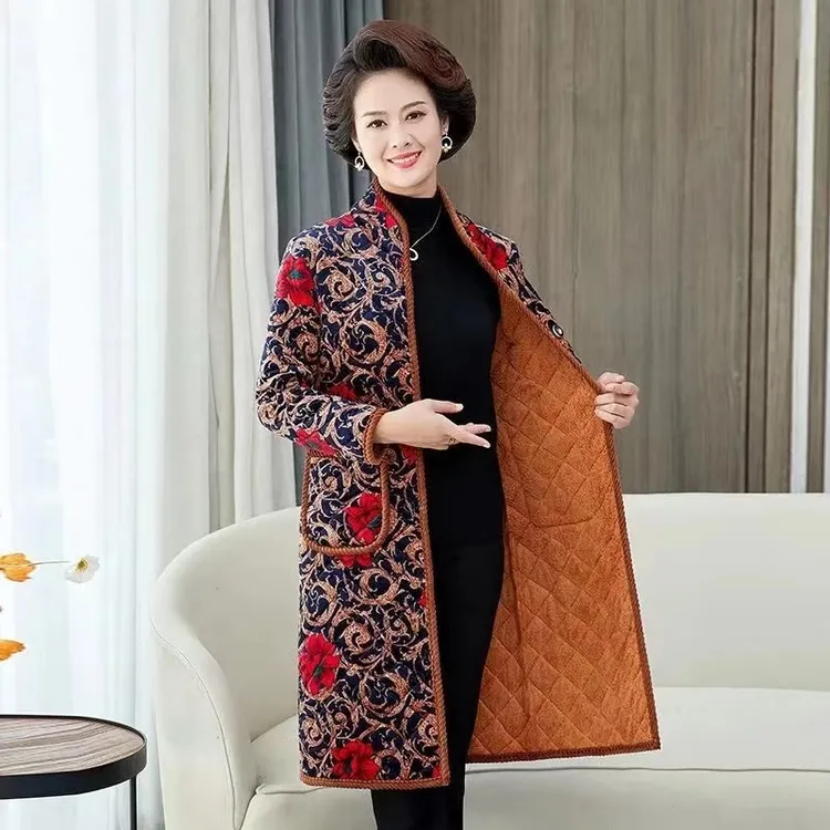 中老年时尚妈妈棉袄冬天长款棉衣女过膝加厚加绒保暖外套加肥加大