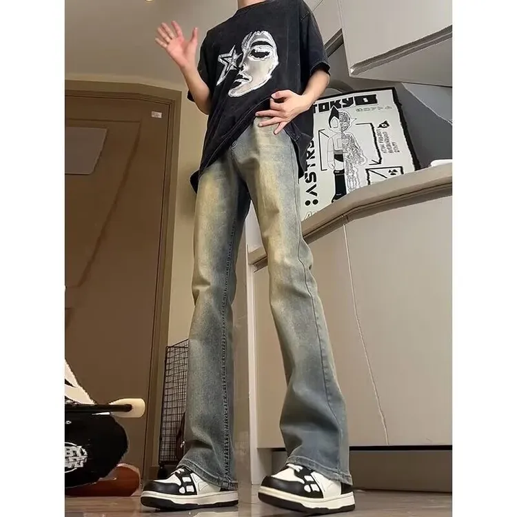 cleanfit弯刀牛仔裤黑色微喇裤男生美式vibe风高街修身直筒裤秋季