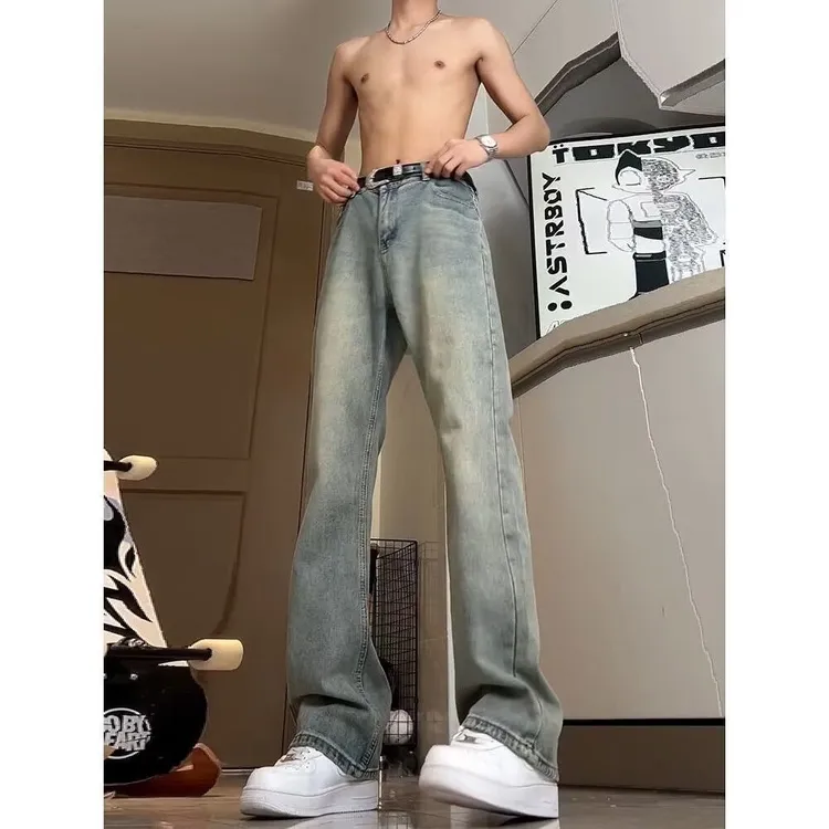 复古蓝窄版修身牛仔裤男生vintage水洗美式裤子秋季显瘦微喇长裤