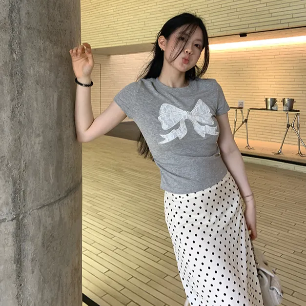 纯欲风蕾丝蝴蝶结短袖t恤女夏季新款圆领正肩甜辣休闲别致上衣潮