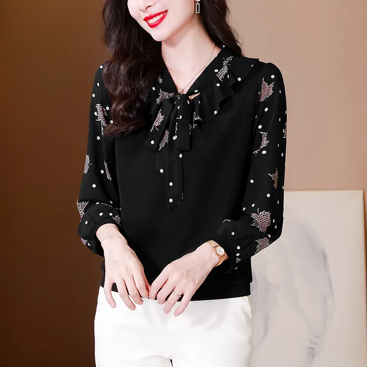 法式蝴蝶结雪纺打底衬衫女秋季新款v领减龄妈妈波点印花长袖上衣