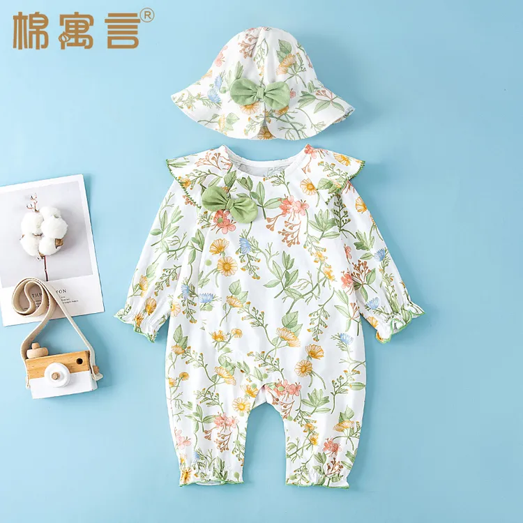 纯棉婴儿连体衣春夏季薄款新生儿外出衣服爬服女宝宝飞袖可爱哈衣