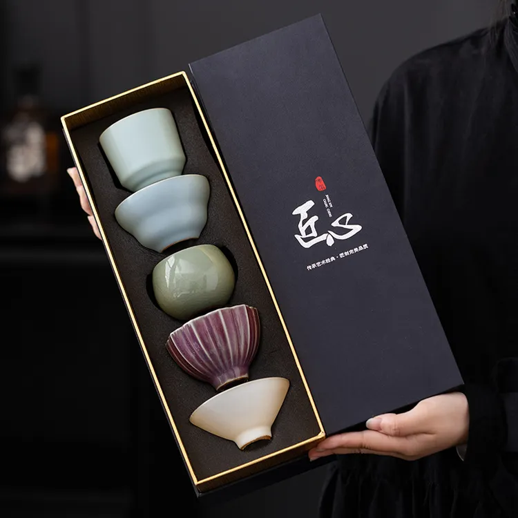 新中式五大名窑主人杯套装家用陶瓷茶杯功夫茶具礼盒装商务伴手礼