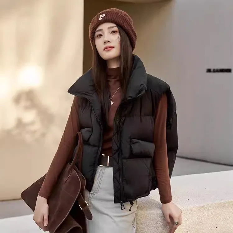 2025秋冬季新款女士时尚棉服马甲美拉德风立领无袖加厚马夹短外套