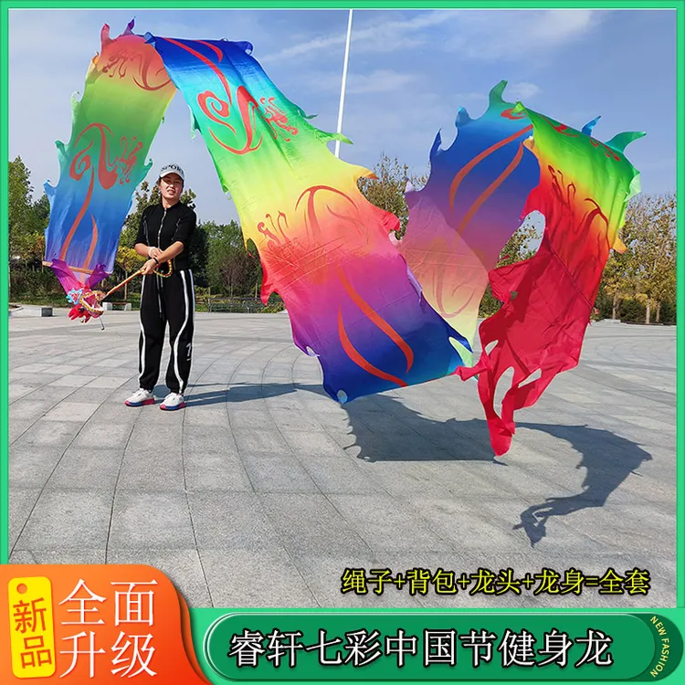 广场健身龙七彩中国节彩绸一体镂空钢架龙头中老年男女演道具舞龙