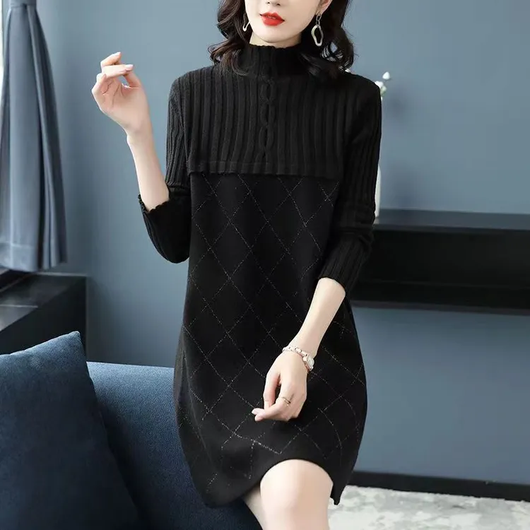 妈妈秋装毛衣宽松大码中长款秋冬女装内搭显瘦连衣裙针织打底衫