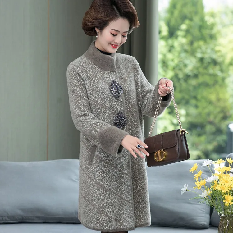 妈妈冬装洋气水貂绒加厚外套中老年女装秋冬毛呢大衣中长款高贵50