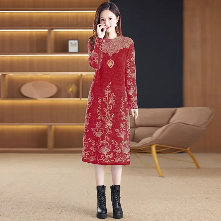 长款外穿加厚保暖连衣裙针织新款仿水貂绒宽松显瘦毛衣裙时尚内搭