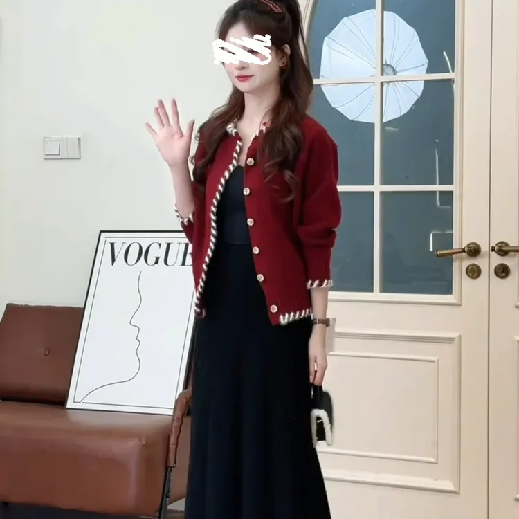 2024秋冬新款针织开衫外套搭黑色半身裙两件套法式随性自由个性