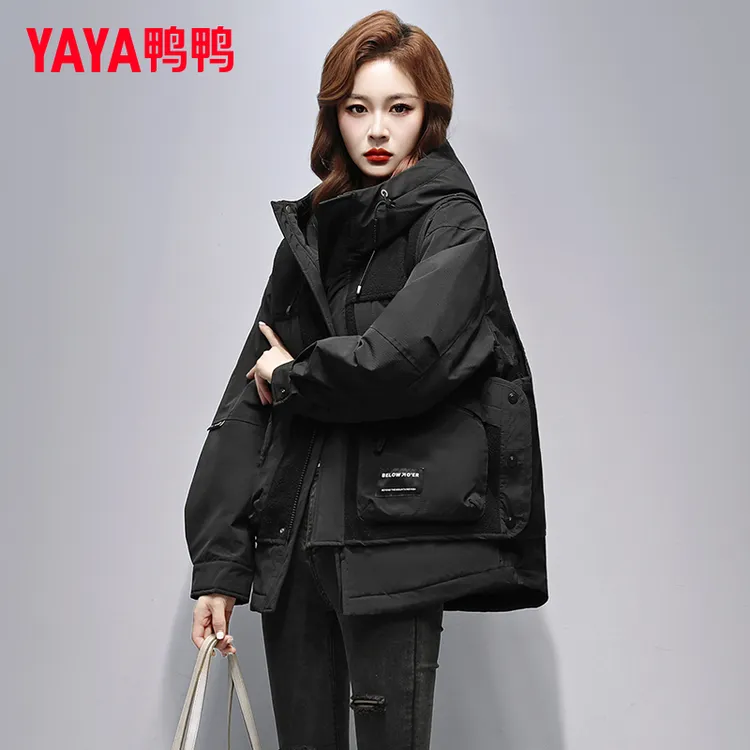 鸭鸭羽绒服女短款2025冬季新款时尚女士高级防寒流行连帽鸭绒外套