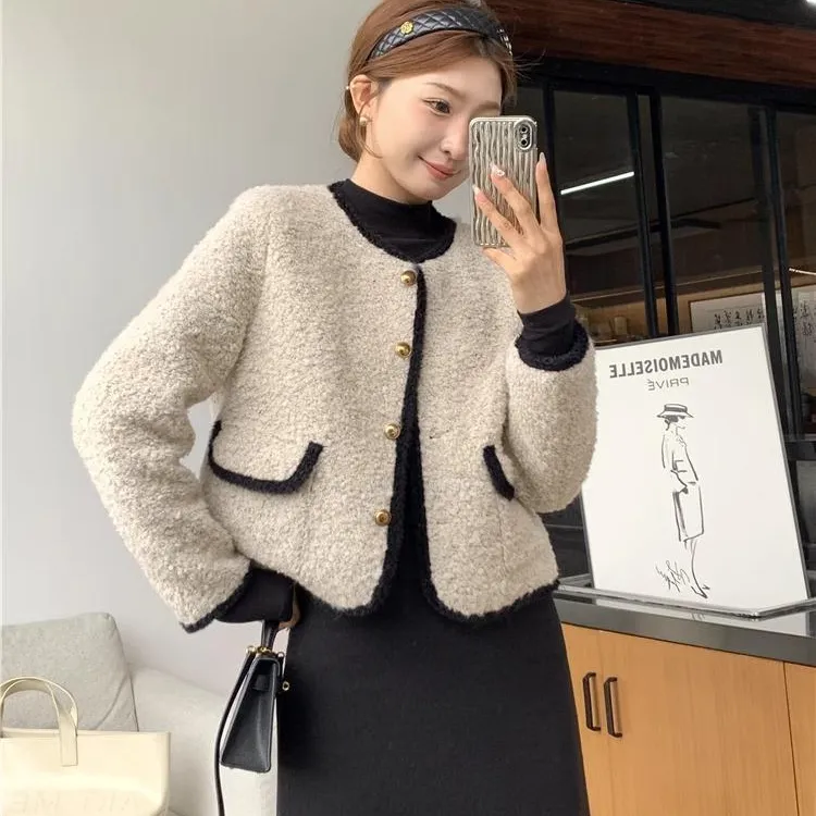 2458#内里加厚毛毛外套秋冬新款韩版女装时尚气质小个子百搭上衣