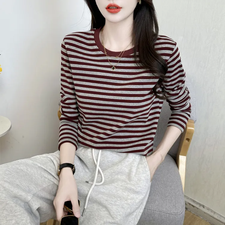 秋季新款圆领条纹长袖打底衫女内搭休闲时尚显瘦百搭女士上衣洋气