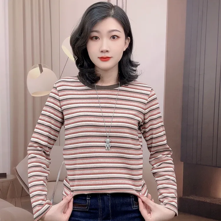 长袖打底条纹t恤女圆领宽松上衣女装春秋加厚内搭打底衫女装时尚