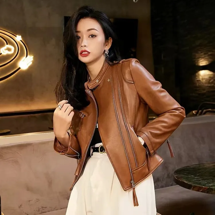 2025秋装新款海宁衣女短款修身洋气黑色皮夹克机车服网红皮外套