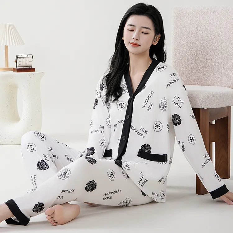 悦美潮新款秋季睡衣女套装柔软V领开衫宽松女士家居服套装可外穿