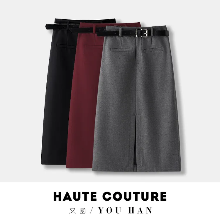 秋款新品设计感半身裙开叉显瘦时髦感气质百搭休闲A字中长款901