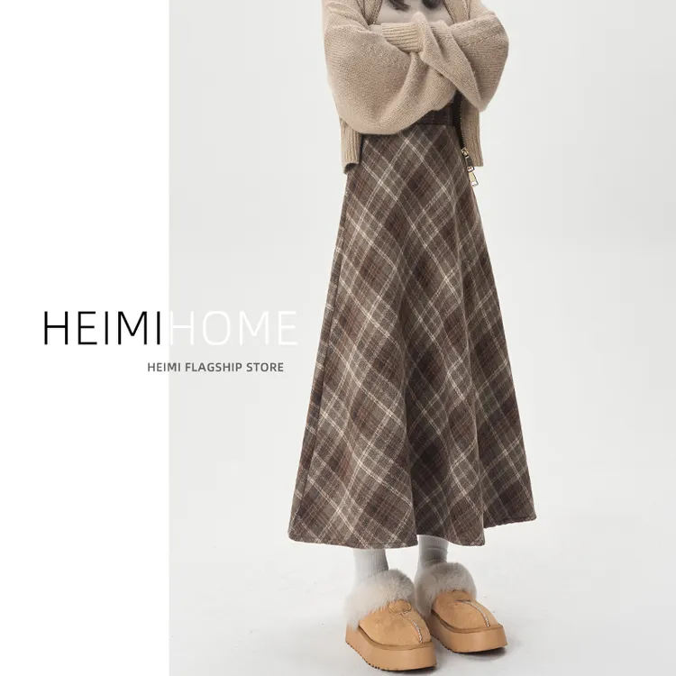 咖色格子毛呢半身裙女2025秋冬复古大摆伞裙高腰中长款格纹a字裙
