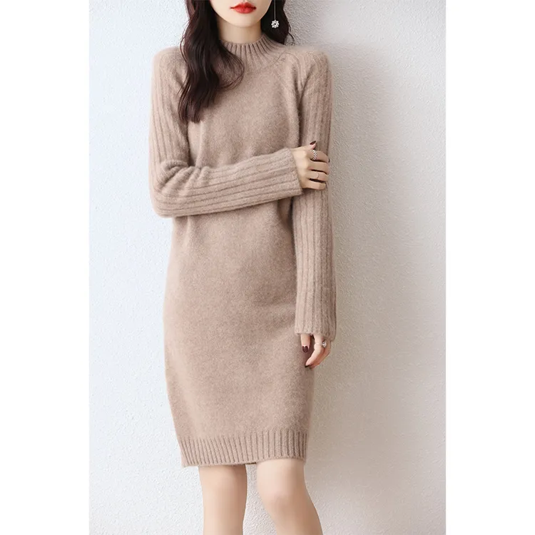 谁能不爱小个子半高领羊毛连衣裙女秋冬套头直筒裙保暖针织毛衣裙