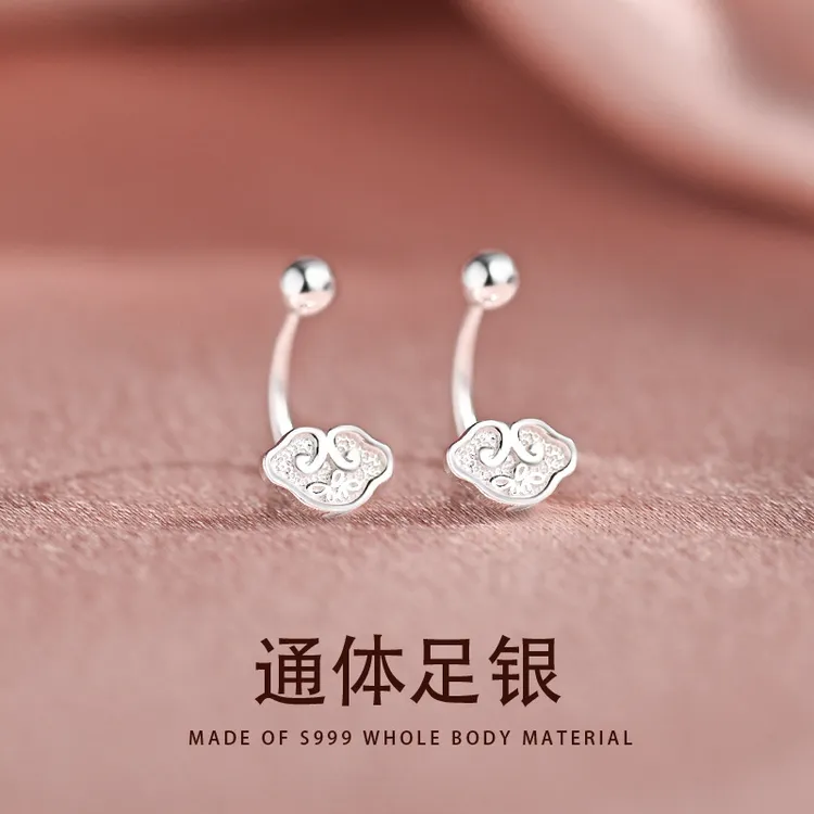 足银耳饰 S999足银复古吉祥如意螺丝耳钉女小众设计感免摘耳蜗钉