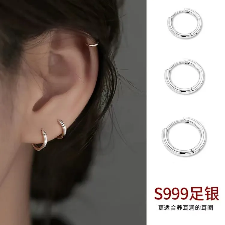 足银耳饰 999纯银气质素圈养耳洞光面小耳圈百搭简约免摘耳环耳扣