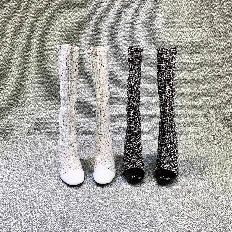 靴子女2023秋冬新款小香风白色靴子粗跟高跟高筒长靴骑士靴长筒靴