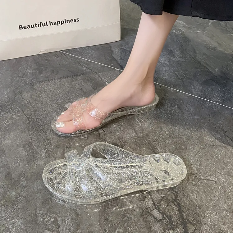 透明鞋子女夏外穿塑料果冻平底鞋百搭防滑防臭浴室水晶拖鞋鞋子女