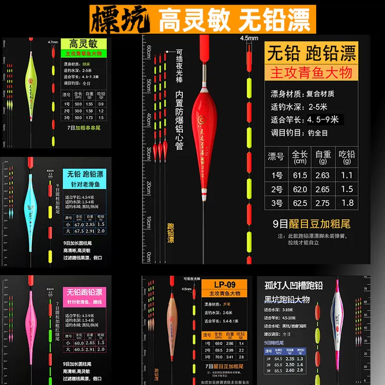 【无铅跑铅漂】黑坑爆款高清晰青鱼草鱼大物跑铅漂圆柱自立漂无铅漂