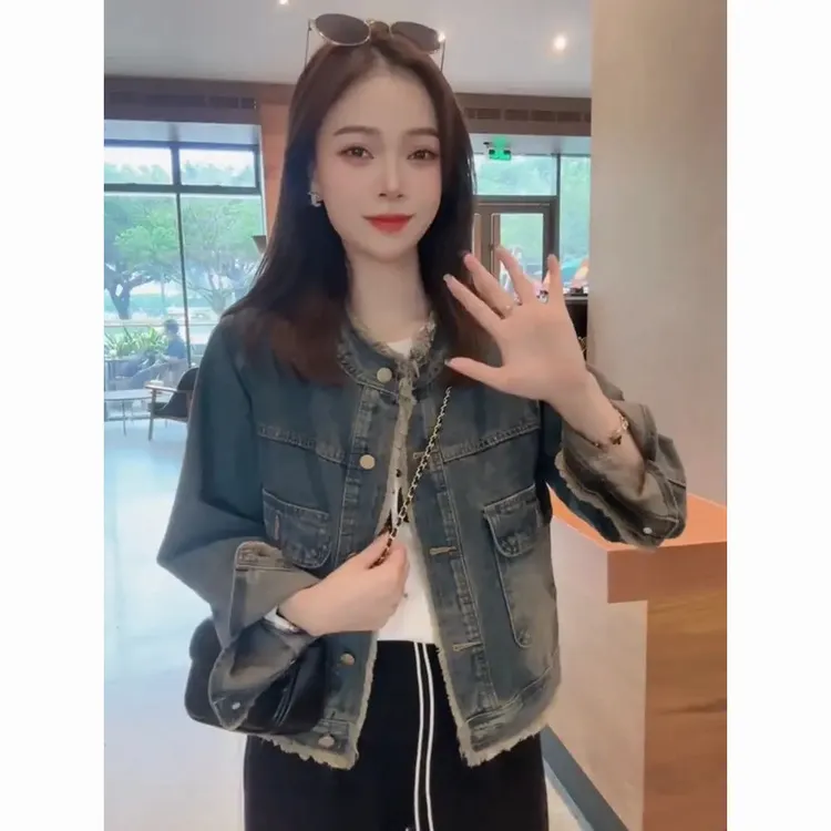 66889春秋韩版立领水洗牛仔外套女2024秋冬新款流苏毛边显瘦上衣