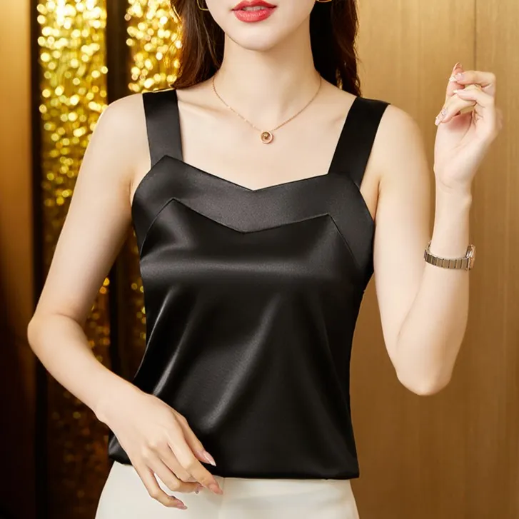 弹力缎面吊带内搭外穿背心女显瘦百搭打底夏季女士设计感无袖上衣
