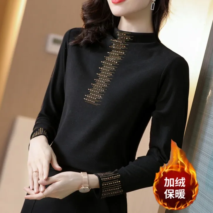 2025年秋冬款烫钻德绒打底衫长袖显瘦t恤上衣加绒保暖半高领小衫